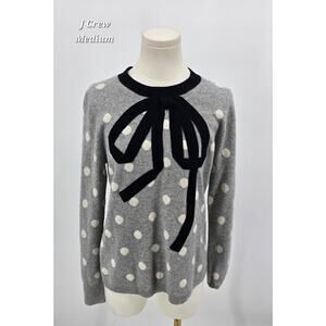 J.Crew 100% Cashmere Twee Whimsical Bow Tie Sweater Gray Polka Dot Size M